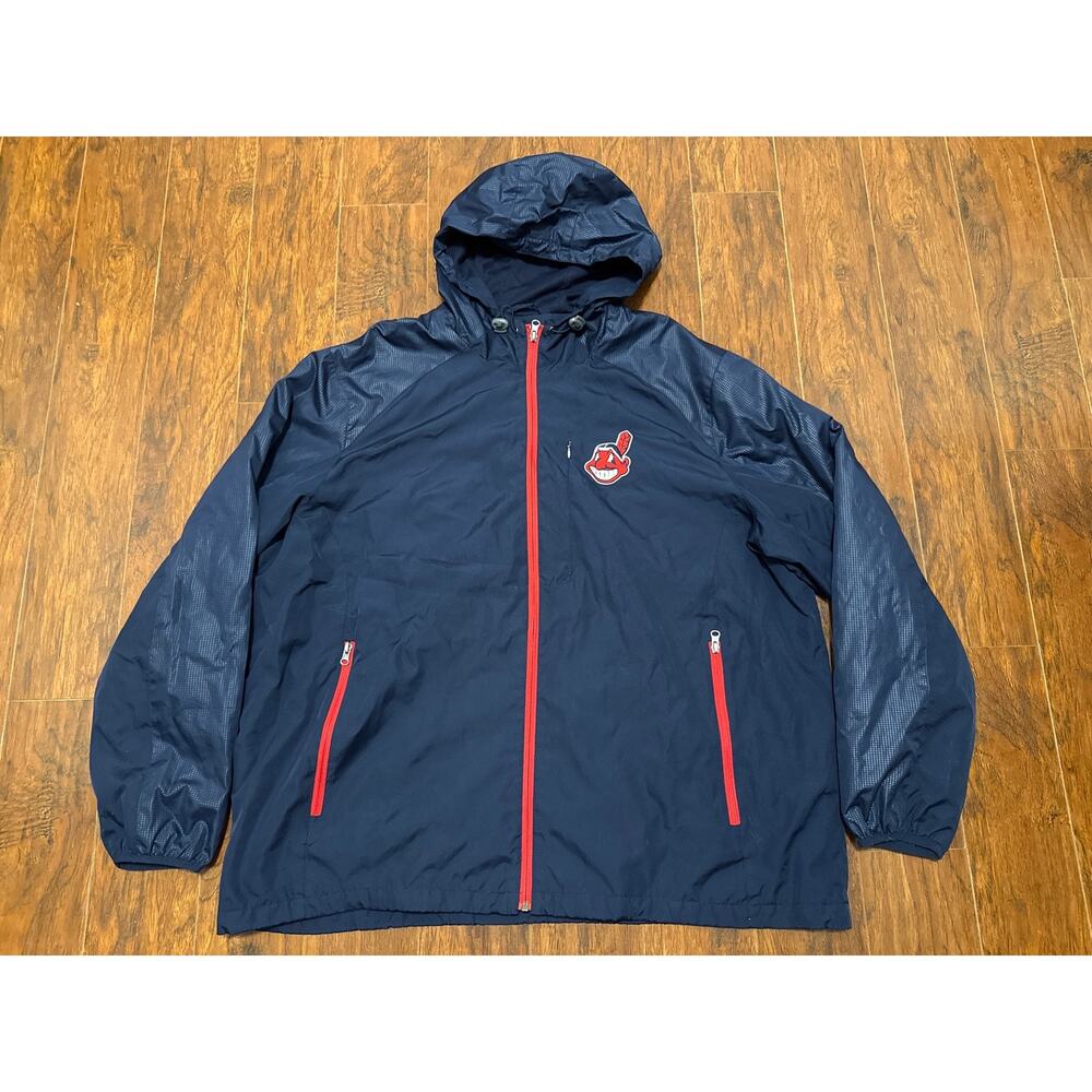 Vintage MLB Cleveland Indians Hooded Rain Jacket Windbreaker Navy Blue XXL